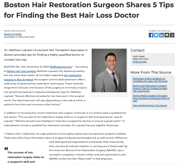 Boston Surgeon Shares Tips For Finding The Best Hair Loss Doctor