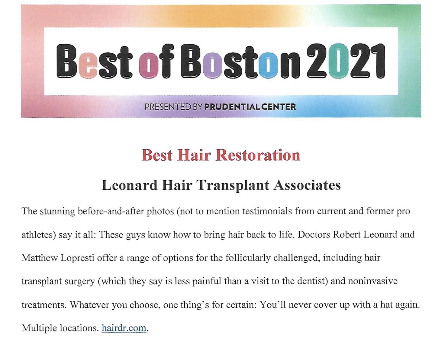 Boston Magazine Best of Boston 2021 “Best Hair Restoration”