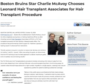 Dr. Matthew Lopresti performs a follicular unit transplantation for the Bruins’ Charlie McAvoy to restore a full head of hair.